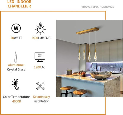 LMQNINE Kitchen Light Fixtures Ceiling Dimmable LED Modern Gold Pendant Light Mini Teardrop Crystal Pendant Light for Kitchen Island Bedroom Hallway Entryway (4-Light) (020)