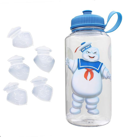 JUST FUNKY Official Ghostbusters Stay Puft Water Bottle - 32-Ounce Clear Container with Blue Lid and Ice Cube Molds - Features Giant Marshmallow Man and Film Logo - Licensed Franchise Merchandise