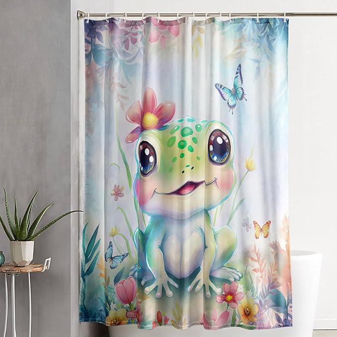 AILONEN Cartoon Frog Shower Curtain,Kawaii Frog Waterproof Fabric Bath Curtain for Kids Girls,Watercolor Blue Flower with Butterfly Shower Curtain Set for Bathroom with Hooks,72" W*84" H