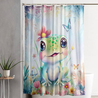 AILONEN Cartoon Frog Shower Curtain,Kawaii Frog Waterproof Fabric Bath Curtain for Kids Girls,Watercolor Blue Flower with Butterfly Shower Curtain Set for Bathroom with Hooks,72" W*84" H