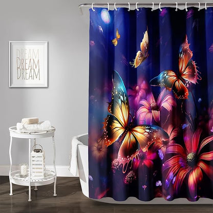 AILONEN Beautiful Butterfly Shower Curtain for Kids Girls Boys, Colorful Butterfly with Flower Bath Curtains for Bathroom,Boho Style Natural Plants Shower Curtain Set with Hooks,60" W*72" H