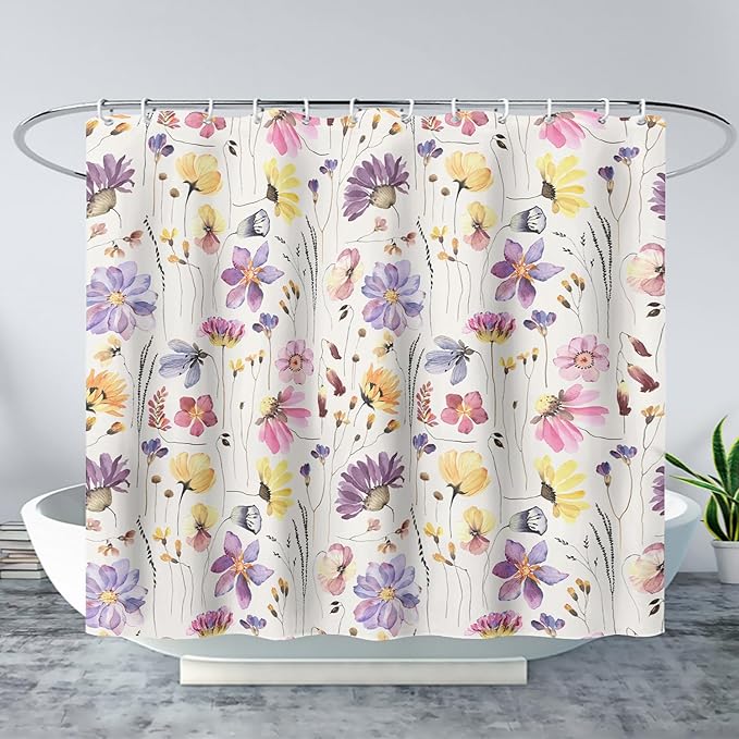 AILONEN Solemn Flowers Shower Curtain,Daisy Theme Bathroom Shower Curtain for Girls Kids Teens, 72" W*78" H Watercolor Patchwork Flowers Bathroom Decor for Bathroom