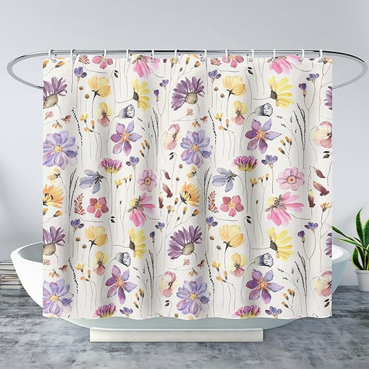 AILONEN Solemn Flowers Shower Curtain,Daisy Theme Bathroom Shower Curtain for Girls Kids Teens, 48" W*72" H Watercolor Patchwork Flowers Bathroom Decor for Bathroom