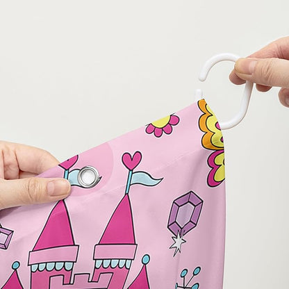 AILONEN Princess Dress Shower Curtain,Cartoon Sparkling Star Diamond Waterproof Shower Curtain Set for Girls Kids Teens, 72" W*78" H Pink Castle Jewelry Shower Curtain for Bathroom