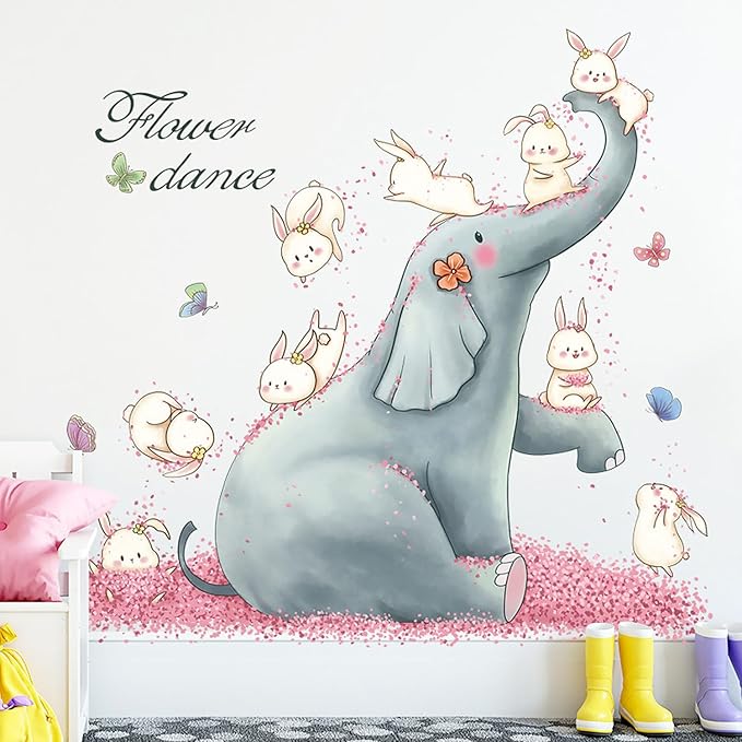 Cartoon Animals Wall Stickers Pink Elephant Rabbit Wall Decals Peel and Stick Wall Art Decals for Kids Bedroom Baby Nursery Door Decor