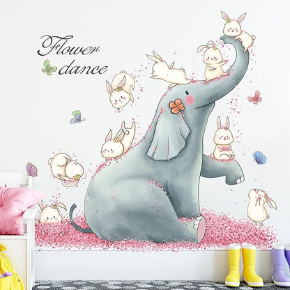 Cartoon Animals Wall Stickers Pink Elephant Rabbit Wall Decals Peel and Stick Wall Art Decals for Kids Bedroom Baby Nursery Door Decor