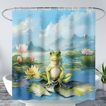 AILONEN Cartoon Frog Shower Curtain Set for Bathroom,Kawaii Green Frog Bath Curtain,Amphibian Animal Shower Curtain,Lotus Flower Waterproof Fabric Shower Curtain with Hooks,36" W*72" H