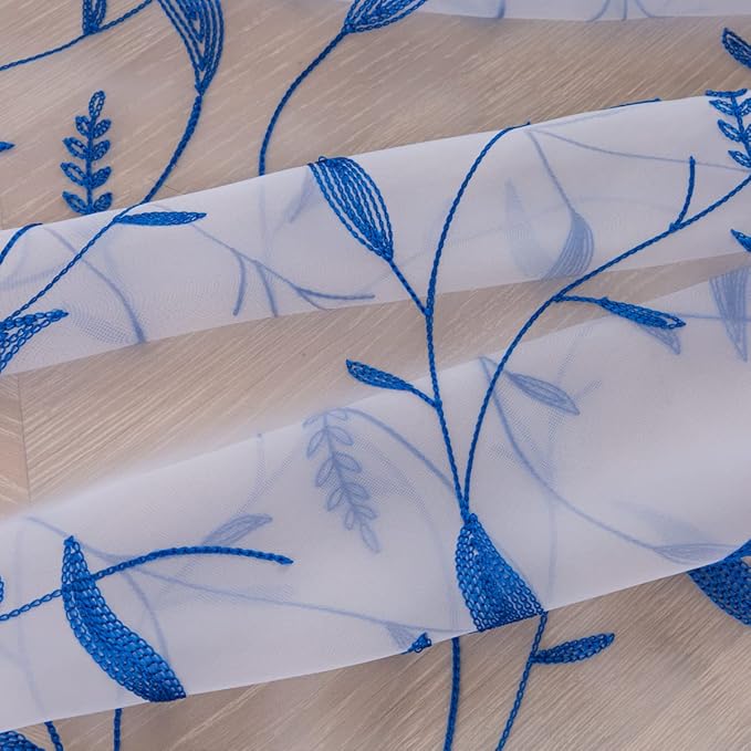 Windows Sheer Curtains Embroider Blue Leaf 108 Inches Length 2 Panels Voile Light Filtering Sheer Curtains Panel Basic Rod Pocket for Bedroom Living Room Children Room