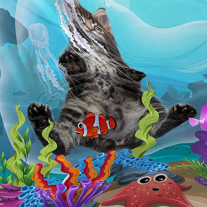 AILONEN Funny Cat Shower Curtain for Bathroom, Ocean Animal Print Shower Curtain, 72" W*84" H Waterproof Polyester Cat Lover Shower Curtain Decor Bathroom with Grommets and Hooks