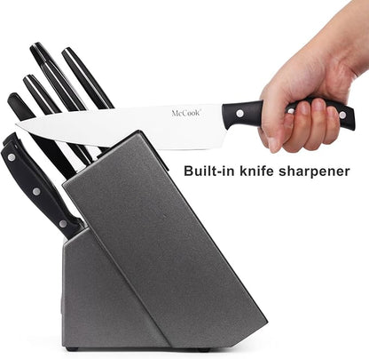 McCook MC39 14 Pieces Full Tang Triple Rivet Kitchen Knife Block Set with Built-in Sharpener and Kitchen Scissor, Black