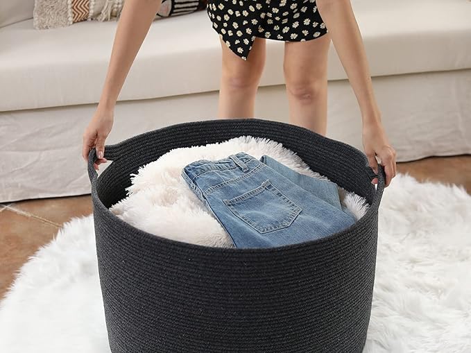 24" x 24" x 17" Max Size Large Cotton Rope Basket, Extra Large Storage Basket, Woven Laundry Hamper, Cloth Storage Bin, for Blankets Clothes Towels Pillows in Living Room, All Black Grey Mix