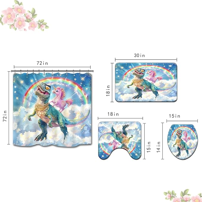 4PCS Dinosaur Shower Curtain Set with 12 Hooks for Bathroom Sets Dinosaur Decor, Non-Slip Rugs and Toilet Mat Lid Rug, Durable Waterproof for Bathroom Funny Cartoon Dinosaur Decor 72x72 Inch