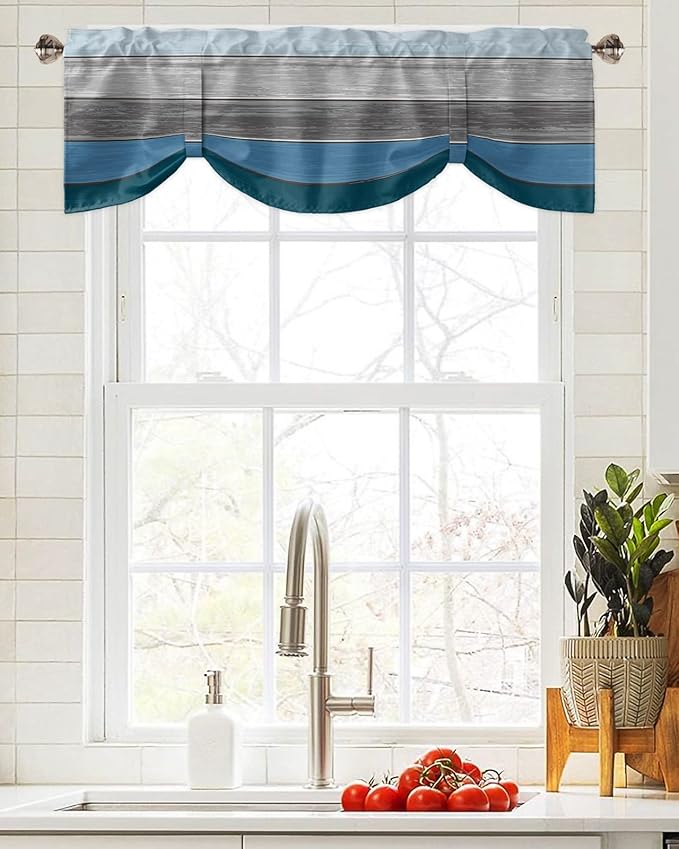 Farmhouse Blackout Tie Up Valance Curtains for Kitchen Windows,Blue Gray Ocean Hues Window Toppers Balloon Shades for Living Room/Bathroom/Bedroom,1 Panel,54" X 18" Retro Rustic Barn Wood Texture
