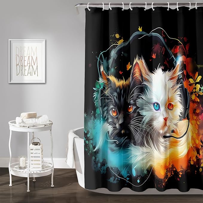 AILONEN Cute Cat Shower Curtain Set, Black White Cat Waterproof Fabric Shower Curtain for Kids Boys Girls,Headphones Kitty Shower Curtain for Bathroom with Hooks,36" W*72" H