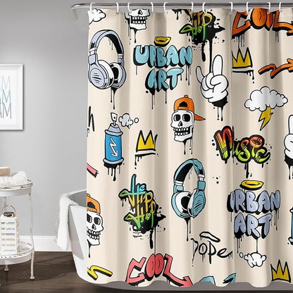 AILONEN Hip-Hop Skull Shower Curtains,Graffiti Music Bath Curtains,Printed Rock Curtains,Polyester Waterproof with 12 Hooks for Bathroom 72" W*72" H