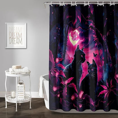 AILONEN Black Cat Shower Curtain,Cartoon Mother Son Kitten Shower Curtain Set for Kids Boys Girls,Boho Style Moon Shower Curtain with Hooks for Bathroom,60" W*72" H