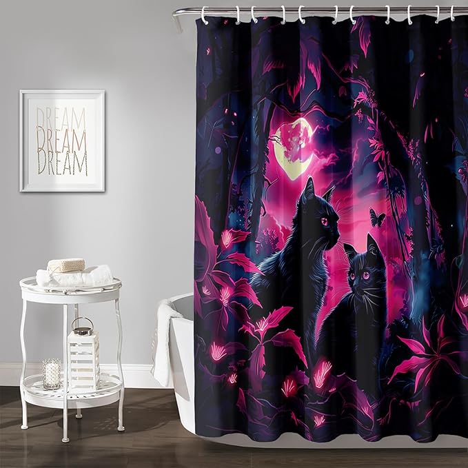 AILONEN Black Cat Shower Curtain,Cartoon Mother Son Kitten Shower Curtain Set for Kids Boys Girls,Boho Style Moon Shower Curtain with Hooks for Bathroom,72" W*72" H