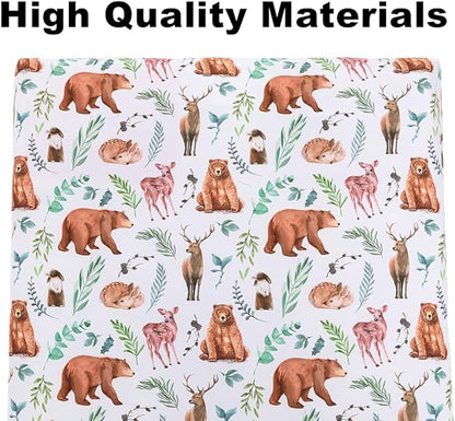 4 Pack Woodland Forest Animals Wood Neutral Unisex Fitted Baby Crib Sheets Set for Baby Boys or Girls