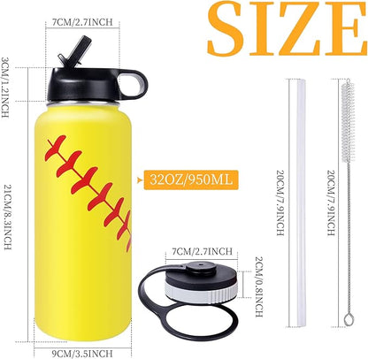 22oz Wide Mouth Softball Water Bottle with Two Lids(Straw, Handle Lid), 18/8 Stainless Steel Vacuum Insulated for Travel & Sport Cup. (Softball Yellow, 22oz)