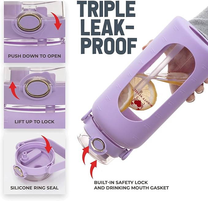 64oz Glass Water Bottle | Lavender Water Bottle with Straw & Time Marker | Half Gallon Water Bottle with Measurements & Silicone Sleeve | Suitable for Travel, Gym, & Daily Intake