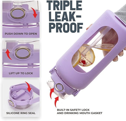 64oz Glass Water Bottle | Lavender Water Bottle with Straw & Time Marker | Half Gallon Water Bottle with Measurements & Silicone Sleeve | Suitable for Travel, Gym, & Daily Intake