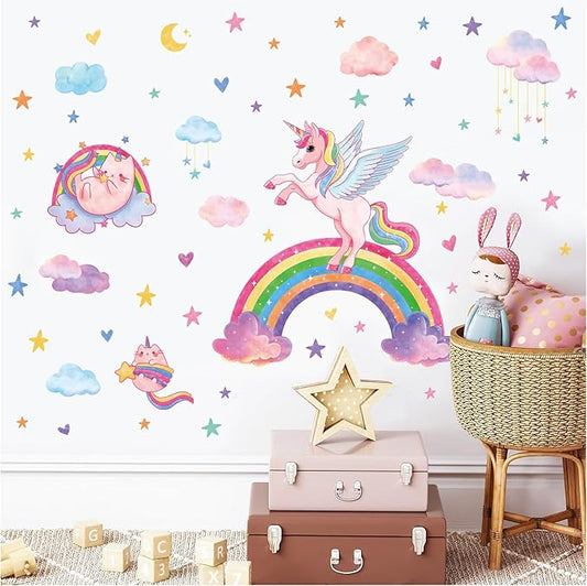 MORCART Rainbow Wall Decal Unicorn Wall Stickers Moon Cat Hearts Clouds Watercolor Stars Removable Vinyl Decals for Nursery Kids Girls Bedroom Birthday Party Wall Decor