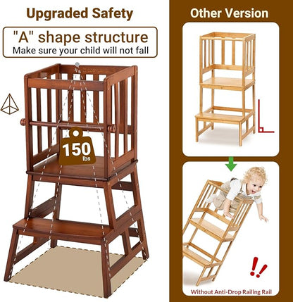 COSYLAND Kids Kitchen Step Stool, Toddler Standing Tower with CPC & FSC Certification, Removable Anti-Drop Railing Safety Rail Enjoys Unique Patented Design A Anti-tip Stable Structure Red Brown