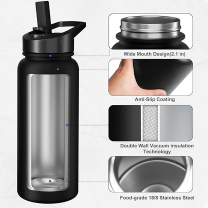 40oz Insulated Water Bottle with 3 Lids(Straw, Hand and Spout Lid), Double Vacuum Stainless Steel Metal Water Flask(BPA-free, CPC) for Sports, Camping, Hiking, Cycling, Fitness and more(Black)