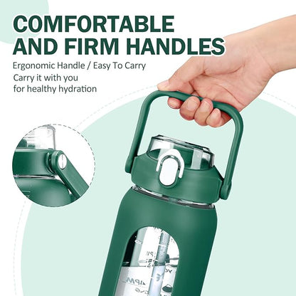kytffu 56oz Glass Water Bottles with Straw, Motivational Glass Bottle with Silicone Sleeve and Time Marker, Leakproof Large Glass Water Jug for Gym Home Office,Ink green