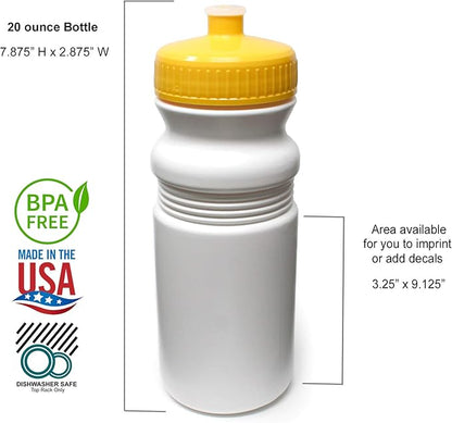 Rolling Sands 20 Ounce Sports Water Bottles 24 Pack, BPA-Free, Made in USA, Dishwasher Safe, White/Yellow