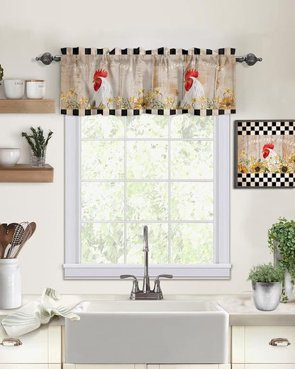 Farmhouse Kitchen Curtains Valances for Windows Sunflower Vintage Farm Chicken Rod Pocket Window Treatment for Kitchen/Living Room/Bedroom/Bathroom,42" X 12" -1 Panel, Black White Plaid
