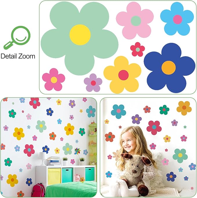 Amaonm 12 Sheets Large Daisy Wall Decals DIY Boho Sunflower Wall Stickers Peel and Stick Colorful ins Daisy Floral Wall Decor for Nursery Little Girls Teens Bedroom Living Room (8 Sheets of 48pcs)