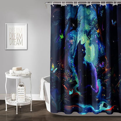 AILONEN Black Cat Shower Curtain,Cartoon Cat Shower Curtain Set for Kids Boys Girls,Boho Style Butterfly Shower Curtain Curtain for Bathroom,Mysterious Forest Curtain Set with Hooks,72" W*72" H