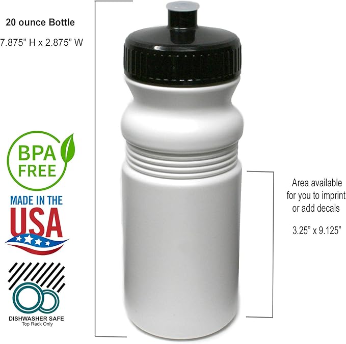 Rolling Sands 20 Ounce Sports Water Bottles 24 Pack, BPA-Free, Made in USA, Dishwasher Safe, White Bottles/Black Lids