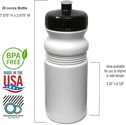 Rolling Sands 20 Ounce Sports Water Bottles 24 Pack, BPA-Free, Made in USA, Dishwasher Safe, White Bottles/Black Lids