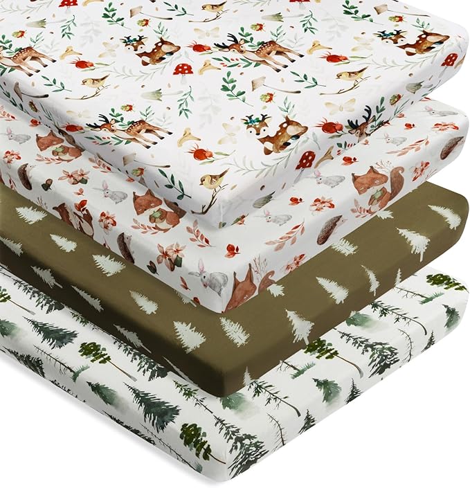 4 Pack N Play Sheets Woodland Forest Animals Wood Neutral Unisex Fitted Baby N Play Sheets Fitted for Standard Pack and Plays and Mini Cribs Set for Baby Boys or Girls (Beer)