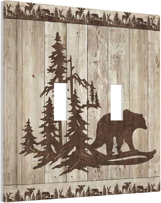 Rustic Wood Bear Forest Double Toggle Light Switch Cover Decorative Vintage Antique Cabin 2 Gang Wall Plate Electrical Faceplate Switchplate for Farmhouse Bathroom Bedroom Living Room Decor