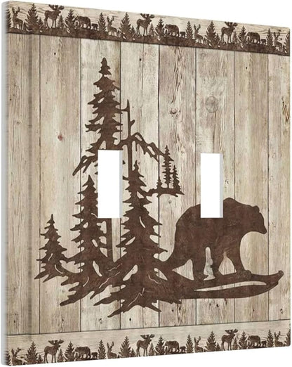Rustic Wood Bear Forest Double Toggle Light Switch Cover Decorative Vintage Antique Cabin 2 Gang Wall Plate Electrical Faceplate Switchplate for Farmhouse Bathroom Bedroom Living Room Decor