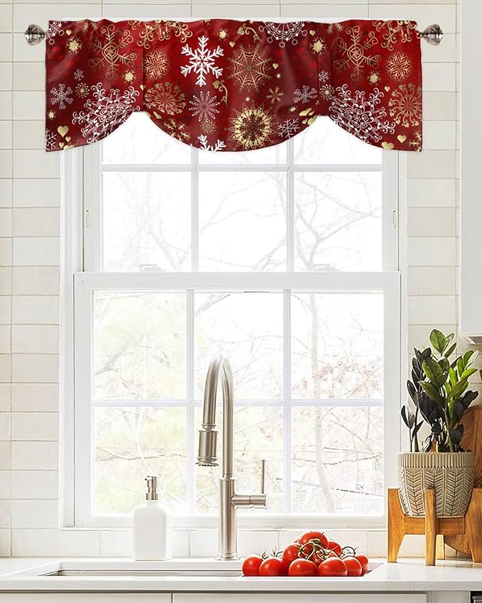 Christmas Blackout Tie Up Valance Curtains for Kitchen Windows Snowflake Pattern Window Toppers Balloon Shades for Living Room/Bathroom/Bedroom,1 Panel,60" X 18" Gold White