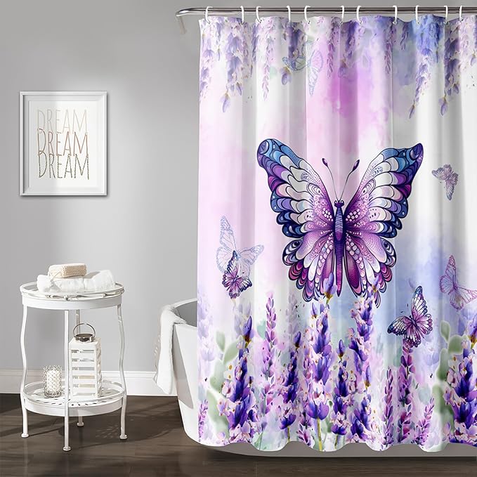 AILONEN Girls Butterfly Shower Curtain for Bathroom,Purple Blooming Lavender Flower Floral Butterfly Printed Bath Curtain 72" W*96" H Polyester Fabric Waterproof Bathroom Curtain with 12 Hooks