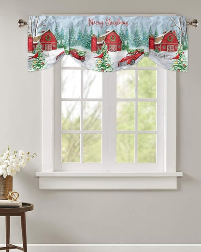 Red Truck Christmas Blackout Tie Up Valance Curtains for Kitchen Windows Merry Christmas Farmhouse Window Toppers Balloon Shades for Living Room/Bathroom/Bedroom,1 Panel, 60" X 18", Winter Xmas Tree