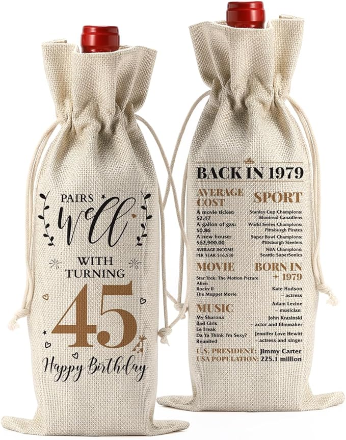 45th Birthday Gifts for Women Men Born in 1979, Vintage Gifts for 45 Year Old Man Him Her Husband Wife Friends Dad Mom, Happy 45th Birthday Decorations Anniversary Wine Bag?Wine Gifts Wine Gift Bag
