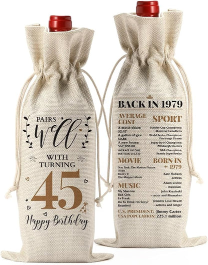 45th Birthday Gifts for Women Men Born in 1979, Vintage Gifts for 45 Year Old Man Him Her Husband Wife Friends Dad Mom, Happy 45th Birthday Decorations Anniversary Wine Bag?Wine Gifts Wine Gift Bag
