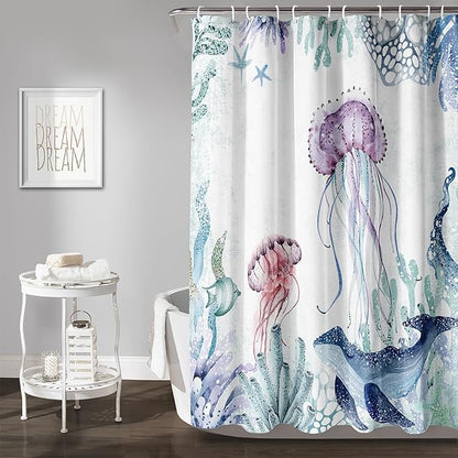 AILONEN Cartoon Jellyfish Shower Curtain for Bathroom Teal Blue Ocean Beach Coastal Bath Curtain Decor 72" W*96" H Polyester Fabric Waterproof Bathroom Curtain with 12 Hooks