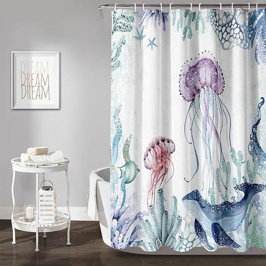 AILONEN Cartoon Jellyfish Shower Curtain for Bathroom Teal Blue Ocean Beach Coastal Bath Curtain Decor 36" W*72" H Polyester Fabric Waterproof Bathroom Curtain with Hooks