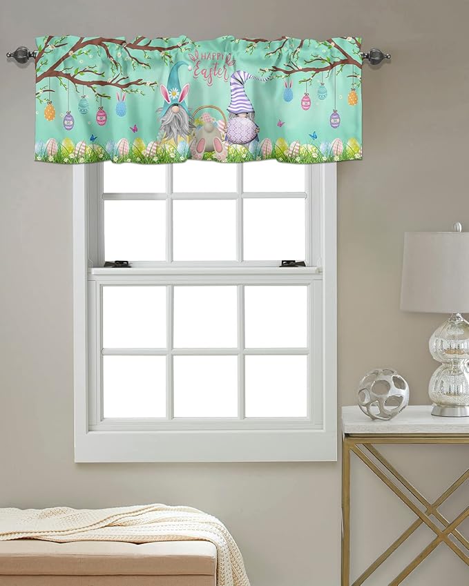 Easter Day Valances Kitchen Curtains for Windows, Easter Gnomes Bunny Tails Eggs Tree Rod Pocket Valances Green Spring Decorations Short Curtains for Bedroom/Living Room,54" X 18" -1 Panel