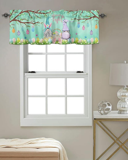 Easter Day Valances Kitchen Curtains for Windows, Easter Gnomes Bunny Tails Eggs Tree Rod Pocket Valances Green Spring Decorations Short Curtains for Bedroom/Living Room,54" X 18" -1 Panel