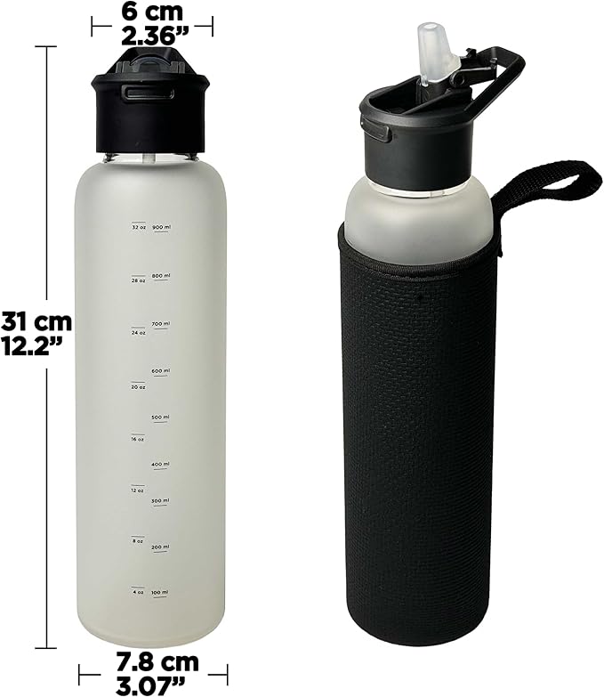 32 oz Motivational Glass Water Bottle with Straw Lid and Neoprene Sleeve | Sport Water Bottle with Measurements (Black)