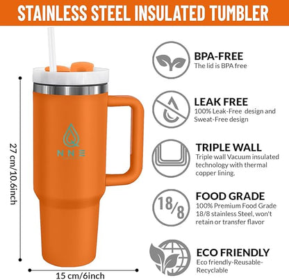 40oz stainless Steel Insulated Tumbler with Handle, lid and straw for cold water, Iced tea, or coffee - 100% Leak-Proof - Cupholder Friendly Travel Mug- Gifts for Women Men Him Her (Orange)