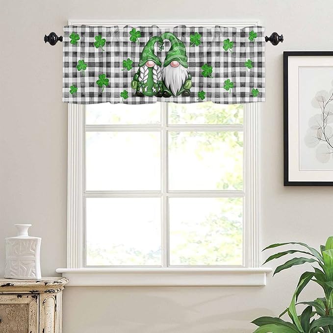 St. Patrick's Day Valances Kitchen Curtains for Windows,Buffalo Plaid Shamrock Gnome Elf Rod Pocket Valances Seasonal Spring Holiday Farmhouse Decor Short Curtains for Bedroom,54" X 18" -1 Panel
